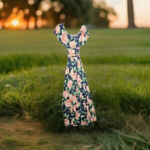 PinkBlush Maxi Dress Women M Blue Peach Floral Off Shoulder Stretchy USA Cottage